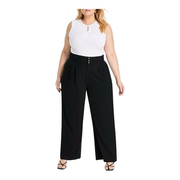 Bar III Button Front Wide Leg Black Pants Trouser Plus 16W High Waist Pockets - Picture 1 of 16